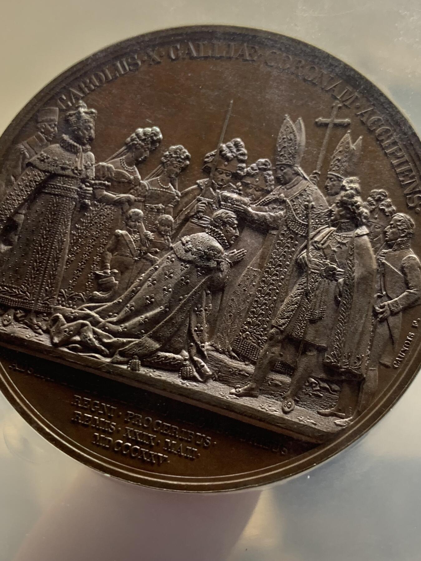 《竞宝斋》第451场 周日，周一，周二  3场连拍 （全场包邮，欢迎送拍） NGC MS62BN 法国1825年查理十世在兰斯大教堂加冕纪念铜章，盒子加大