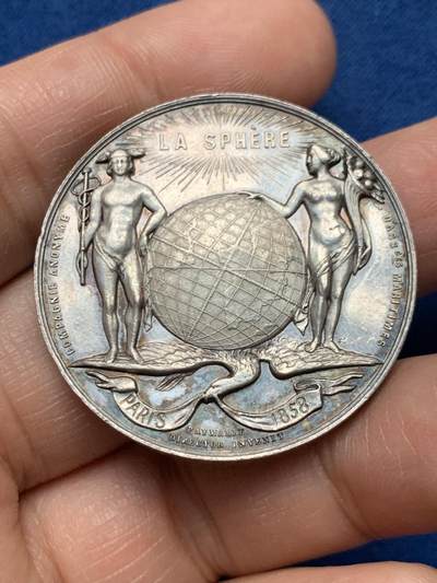 《竞宝斋》第451场 周日，周一，周二  3场连拍 （全场包邮，欢迎送拍） - 法国Caque 环球保险公司银质代币，24.35g，37.2mm，1845-1860手指边铭