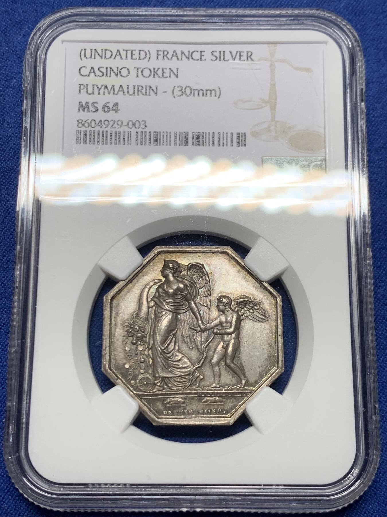 《竞宝斋》第451场 周日，周一，周二  3场连拍 （全场包邮，欢迎送拍） NGC MS64 法国婚姻爱情题材八角银质代币，命运之神摩伊赖牵着丘比特：爱情被命运牵着，蒙住了眼睛；海边女：暴风雨中保持平静，早期光边原铸