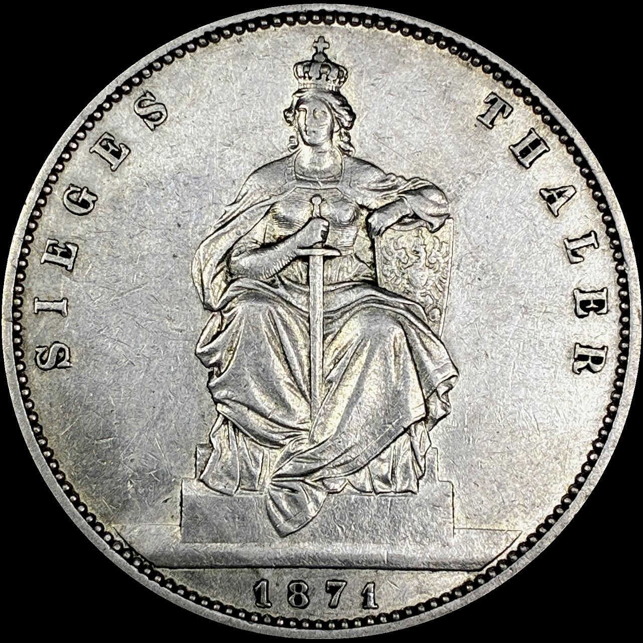 【雨安】【直播拍卖】【世界币章121期-裸币】2025-12-26 周五 19:30 保真 [裸币德国] Germany 德国 德意志 1泰勒 Prussia普鲁士 Thun.272 KM#0500 (1871) 威廉一世.普法战争 1871年