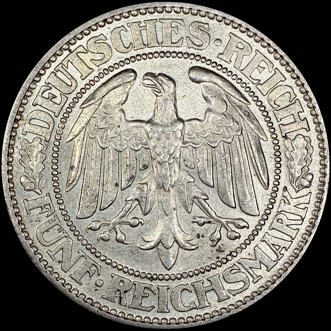 【雨安】【直播拍卖】【世界币章121期-裸币】2025-12-26 周五 19:30 保真 [裸币德国] Germany 德国 魏玛 5马克 KM#56 橡树 1932年 UNC