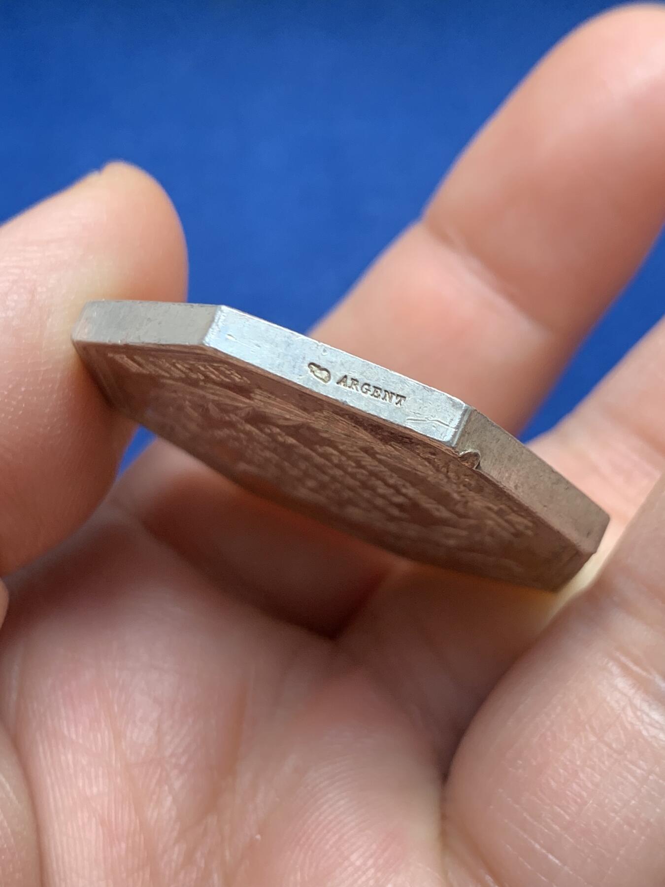 《竞宝斋》第451场 周日，周一，周二  3场连拍 （全场包邮，欢迎送拍） 法国八角银质代币，卡尔瓦多斯火灾保险公司，30.35g，36mm，丰饶角边铭，厚重版，背面5点方向有磕