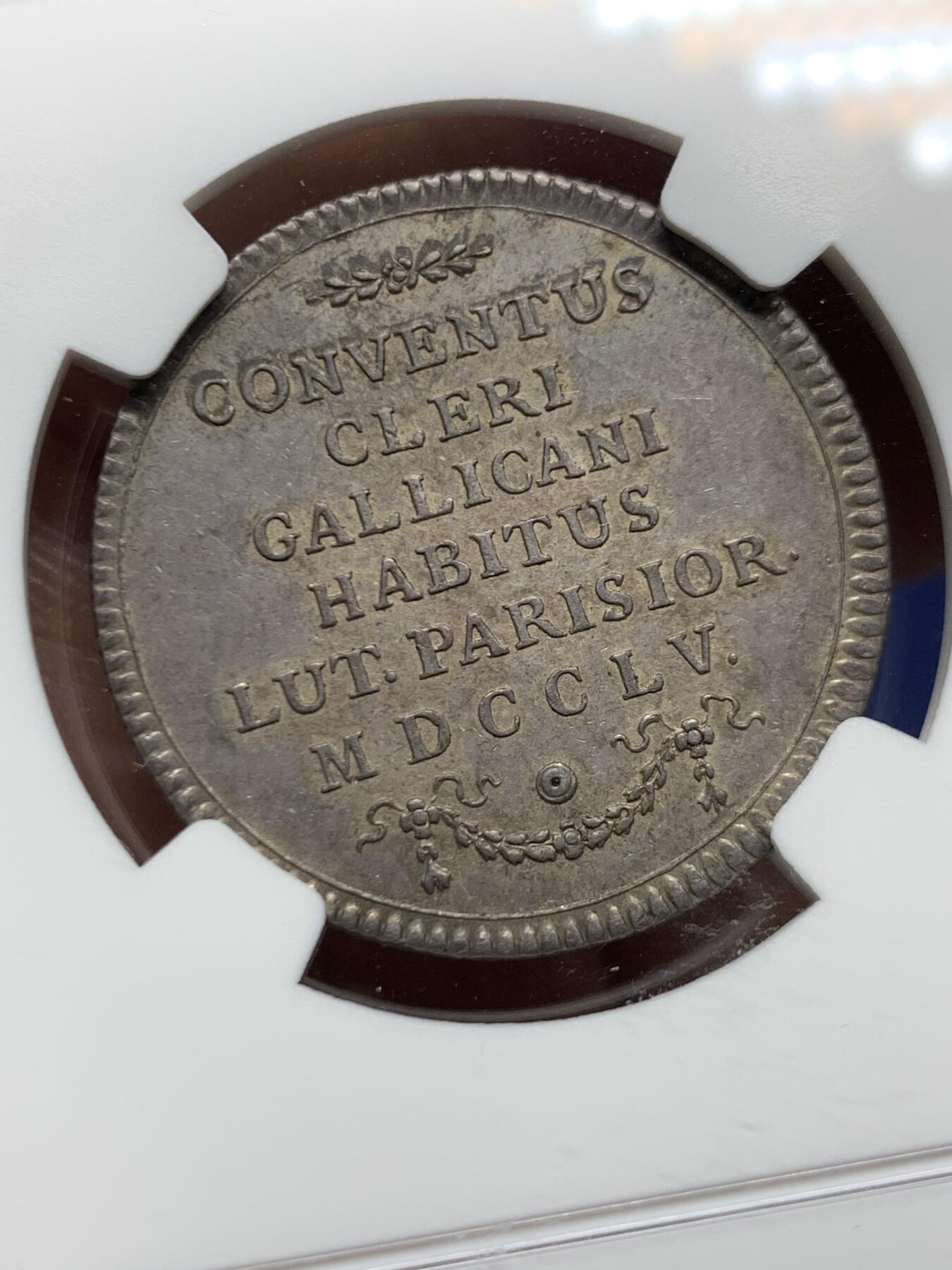 《竞宝斋》第451场 周日，周一，周二  3场连拍 （全场包邮，欢迎送拍） NGC AU58 法国路易十五头像神职人员大会银质代币