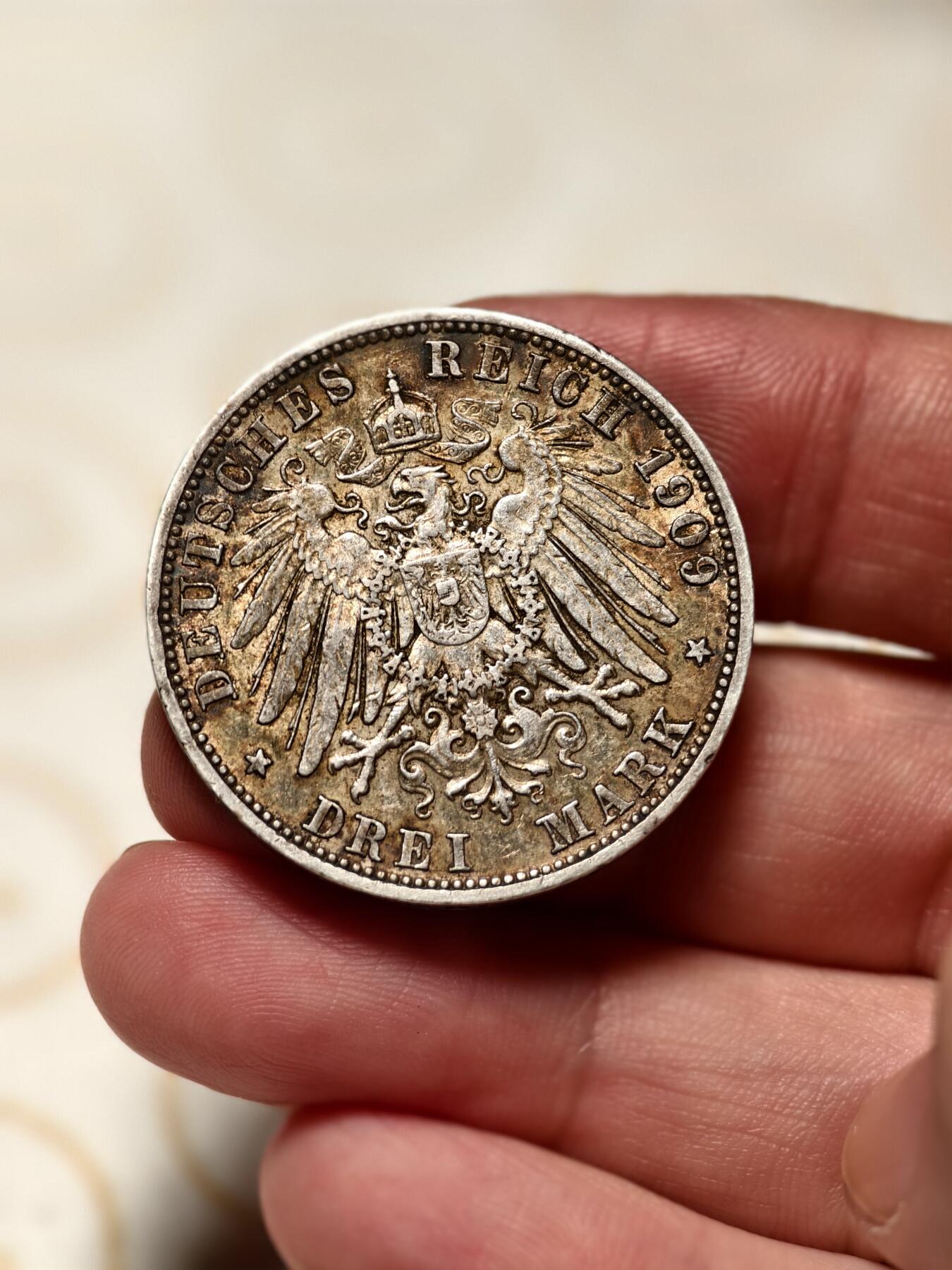 抚柳草堂-第四期章牌钱币（圣诞专场） 奖章勋章限时免佣 满百包邮 放漏专场 1909德国普鲁士威廉二世3马克银币 重16.6g老酱彩细节很好 难得好品