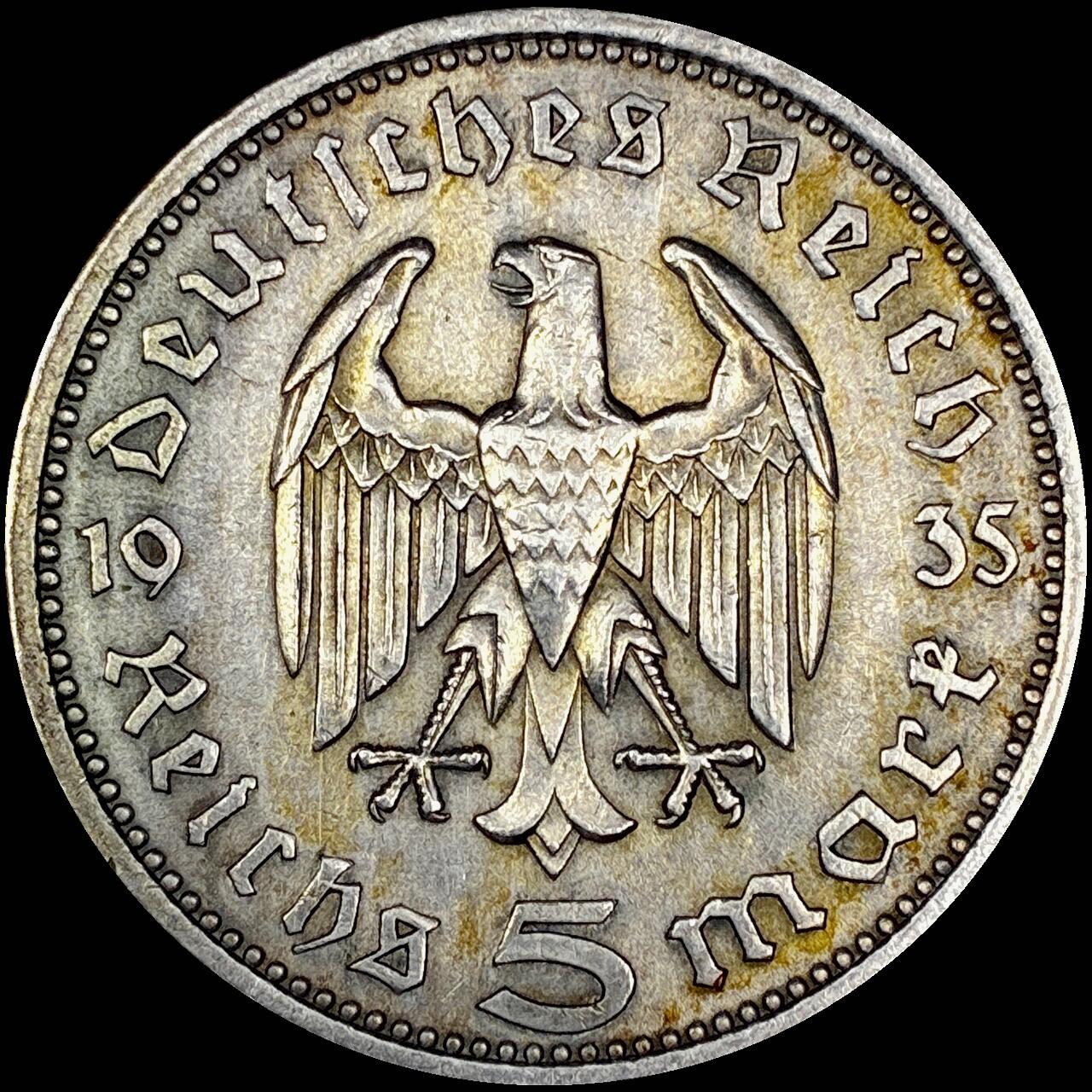 【雨安】【直播拍卖】【世界币章121期-裸币】2025-12-26 周五 19:30 保真 [裸币德国] Germany 德国 第三帝国 兴登堡 5马克 1935年