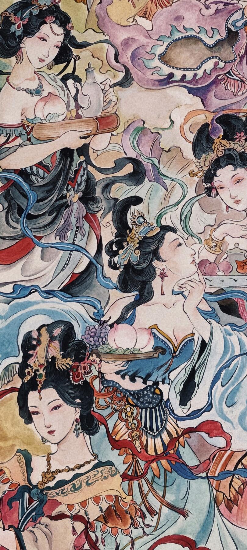 白泽拍卖卡牌手绘专场第30期（白金之夜 跨年大拍） 2025 鹿凝手绘画 蟠桃献瑞 已装裱 尺寸：内50cm*99cm 外61cm*121cm 鹿凝亲签