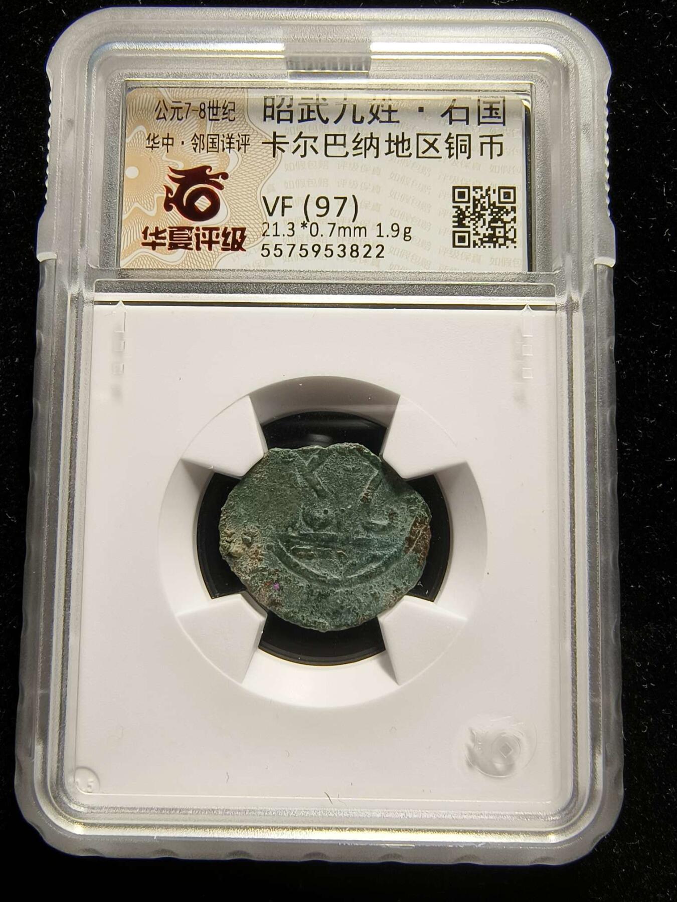 七河·世界钱币杂件水晶矿标小拍（总第31期） （28）k555 大唐西域粟特币 昭武九姓·石国 土王全身像铜币 华夏评级VF(97) 非常少见的品种