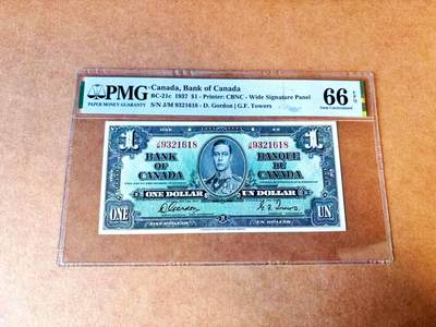 【Blue Auction】世界纸币精拍第767期——18级TOP拍卖/信誉/品质/专业/高效💫 - 【无47】加拿大 1937年1元 PMG66EPQ 高分 英王乔六 丰收女神