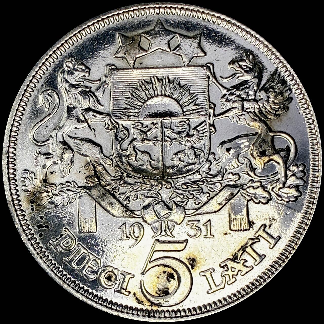 【雨安】【直播拍卖】【世界币章121期-裸币】2025-12-26 周五 19:30 保真 [裸币各国] Latvia 拉脱维亚 5拉特 1931年