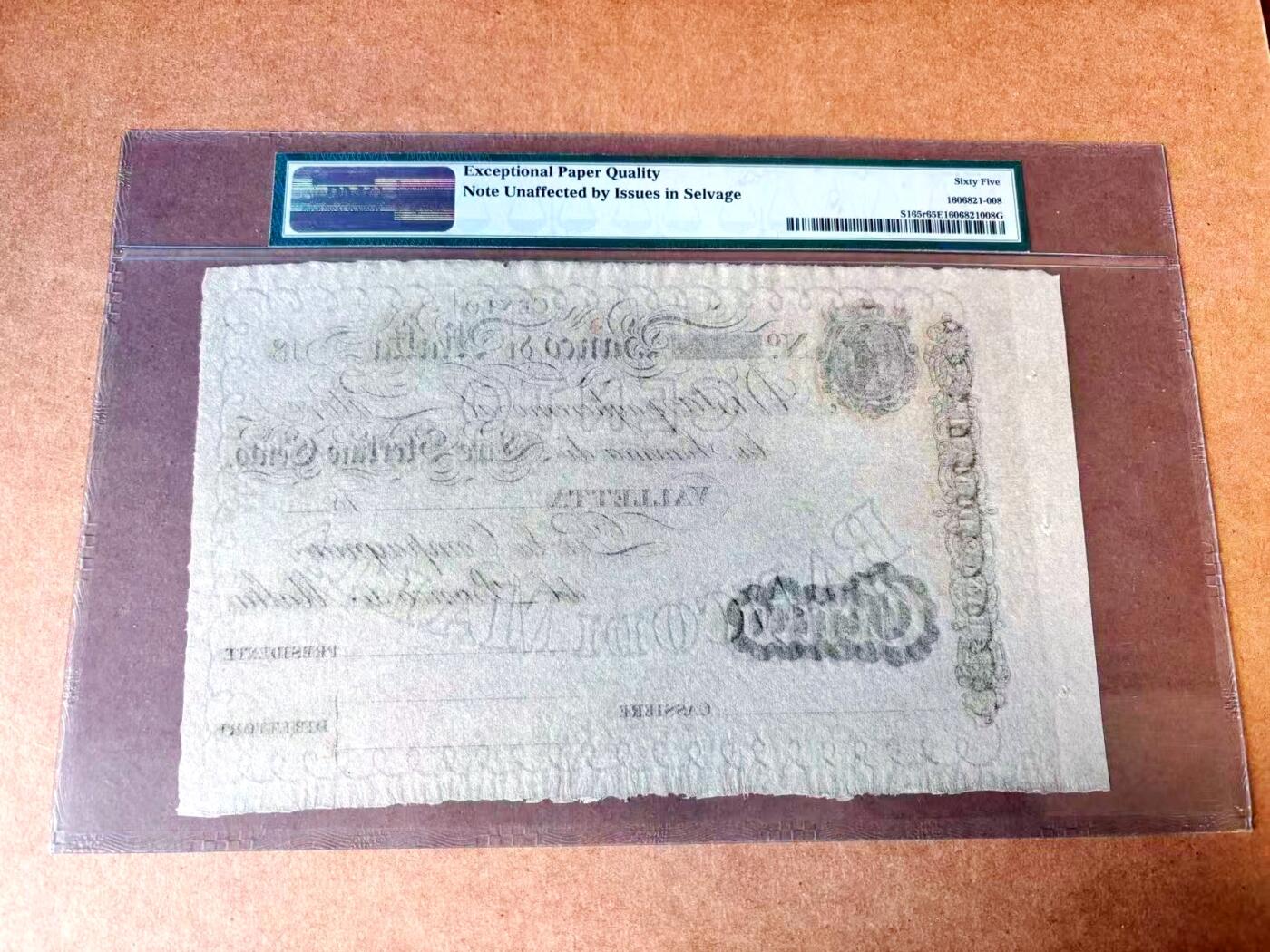 【Blue Auction】世界纸币精拍第767期——18级TOP拍卖/信誉/品质/专业/高效💫 【亚军分】马耳他早期 1810年100里拉 高值 超大票幅 白镑风格 含版铭（selvage） 满版水印 PMG65EPQ 绝品 克劳斯仅给到XF参考价