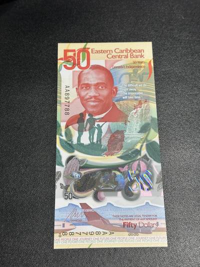 《外钞收藏家》第五百九十七期（年底收官场）（本平台长期征集拍品、欢迎藏友们联系合作） - 2024年东加勒比50元 独立50周年纪念钞 全新UNC AA冠 数三 靓号7788