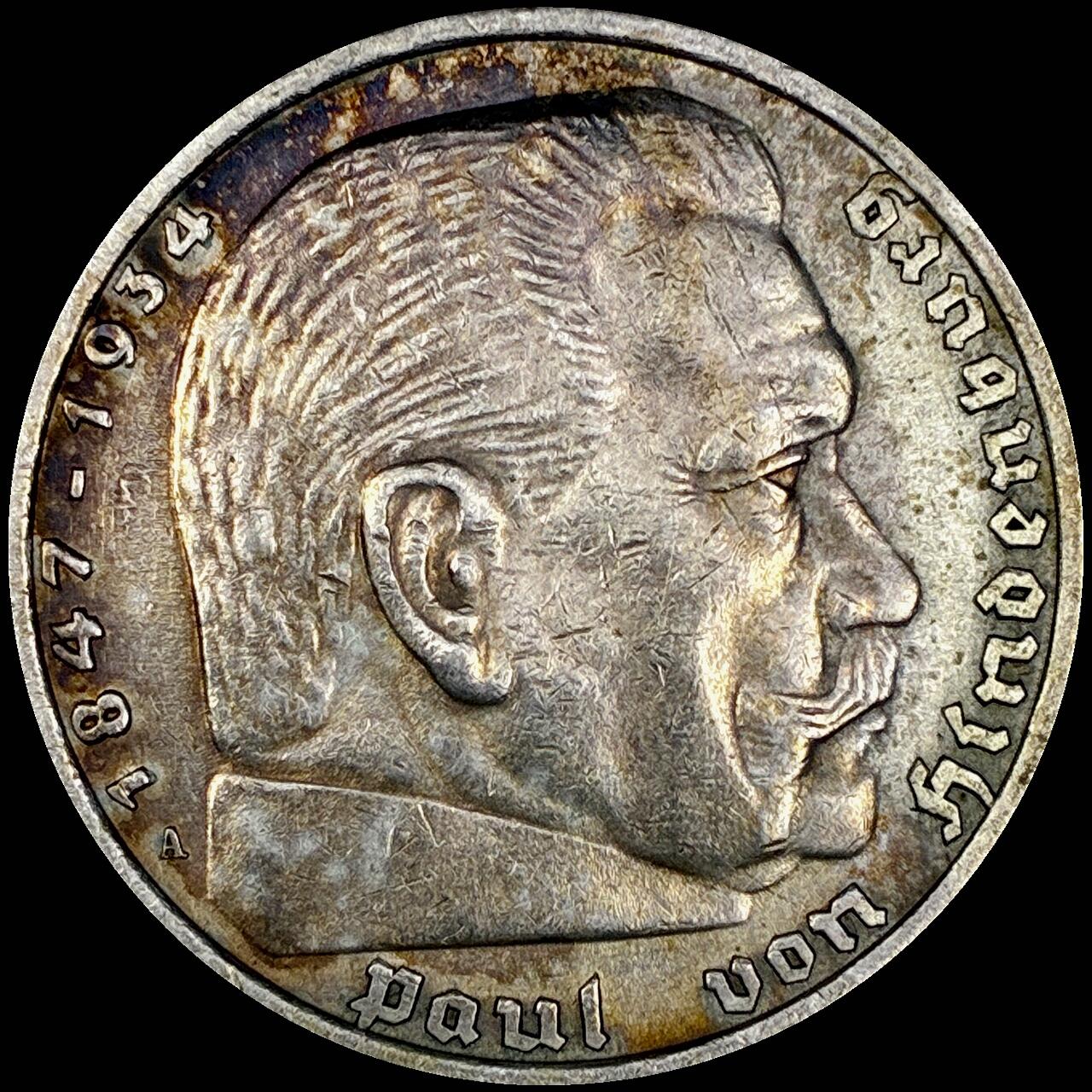 【雨安】【直播拍卖】【世界币章121期-裸币】2025-12-26 周五 19:30 保真 [裸币德国] Germany 德国 第三帝国 兴登堡 5马克 1935年