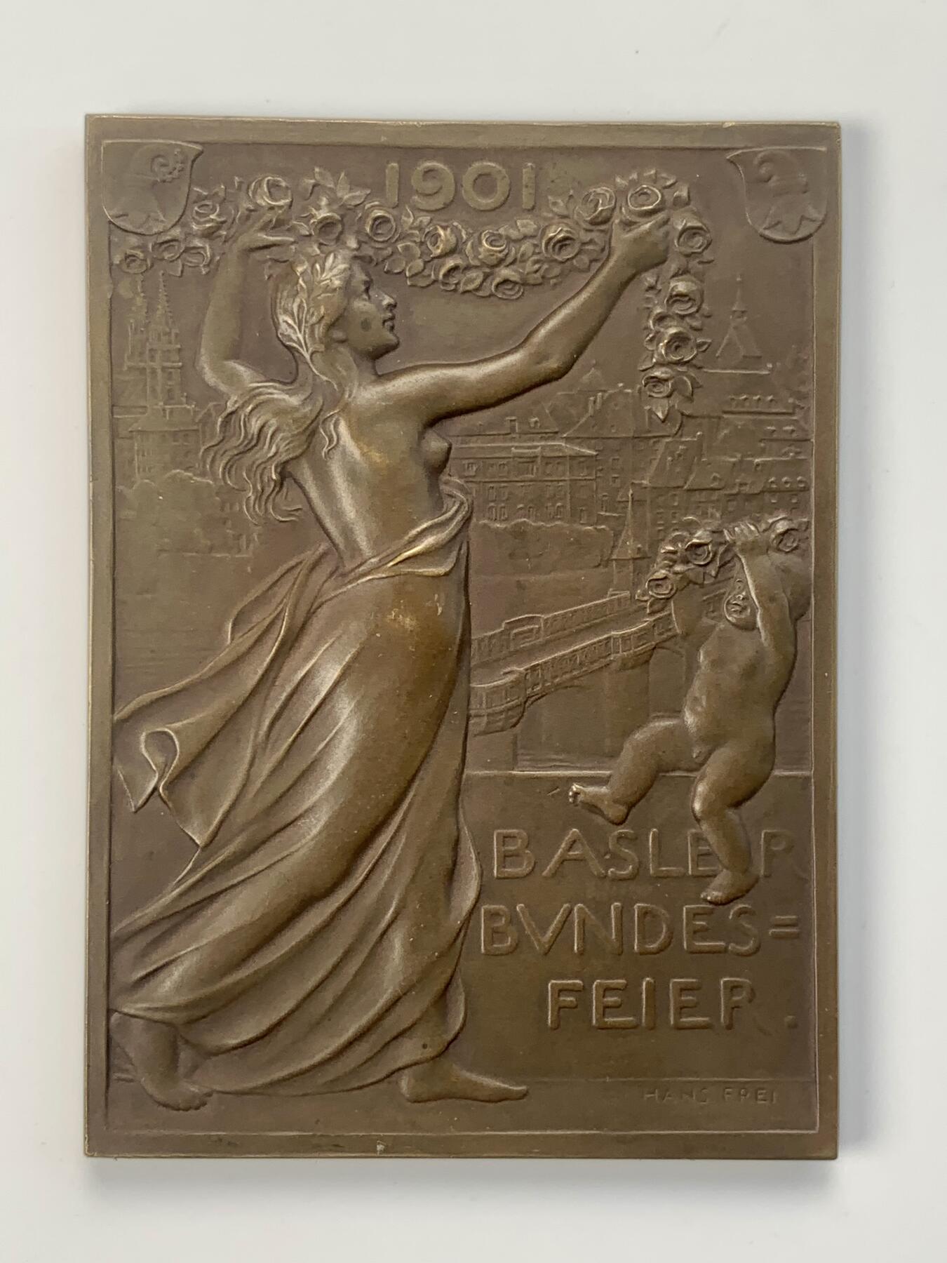掌中浮雕-藏着的欧洲第047场 1901年瑞士巴塞尔加入瑞士联邦400周年纪念矩形大铜章，58mm*80mm