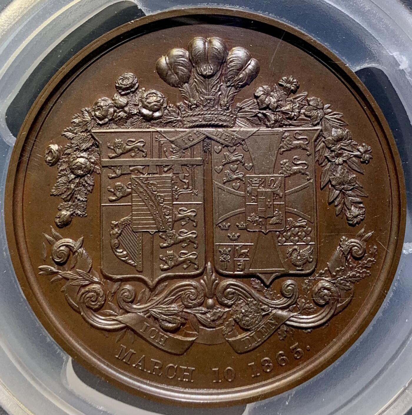 掌中浮雕-藏着的欧洲第047场 PCGS SP65 : 1863年英国威尔士亲王爱德华与丹麦亚历山德拉公主大婚纪念铜章，63mm