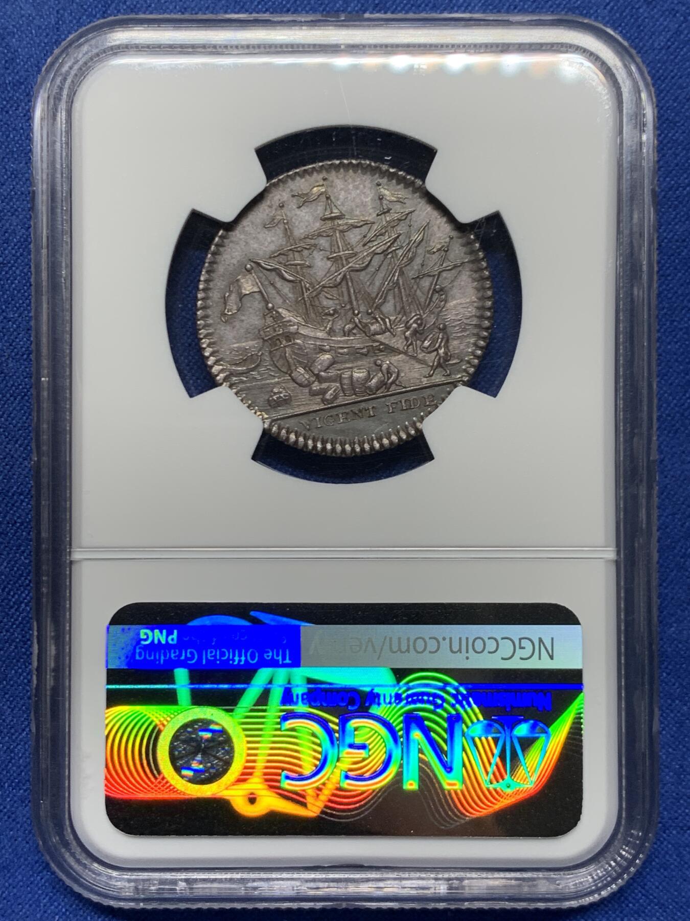 《竞宝斋》第451场 周日，周一，周二  3场连拍 （全场包邮，欢迎送拍） NGC MS62 法国路易十五头像巴约讷商会银质代币