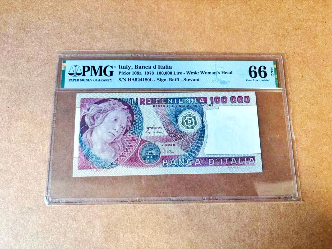 【Blue Auction】世界纸币精拍第767期——18级TOP拍卖/信誉/品质/专业/高效💫 【a版】意大利 1978年100000里拉 PMG66EPQ  