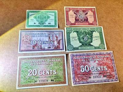 【Blue Auction】世界纸币精拍第767期——18级TOP拍卖/信誉/品质/专业/高效💫 - 【一组6张】法属印支 1939-43年5分-50分 AU+/UNC-