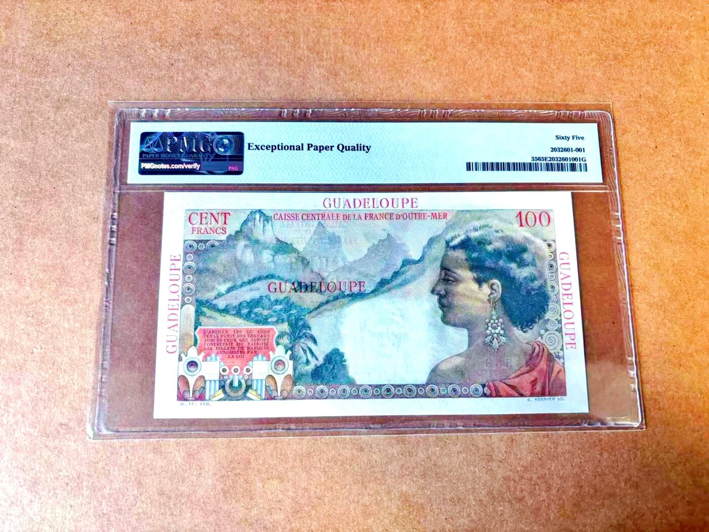 【Blue Auction】世界纸币精拍第767期——18级TOP拍卖/信誉/品质/专业/高效💫 【88尾无47】瓜德罗普 1947-49年 100法郎 PMG65EPQ 绝品 裸女 设计精美