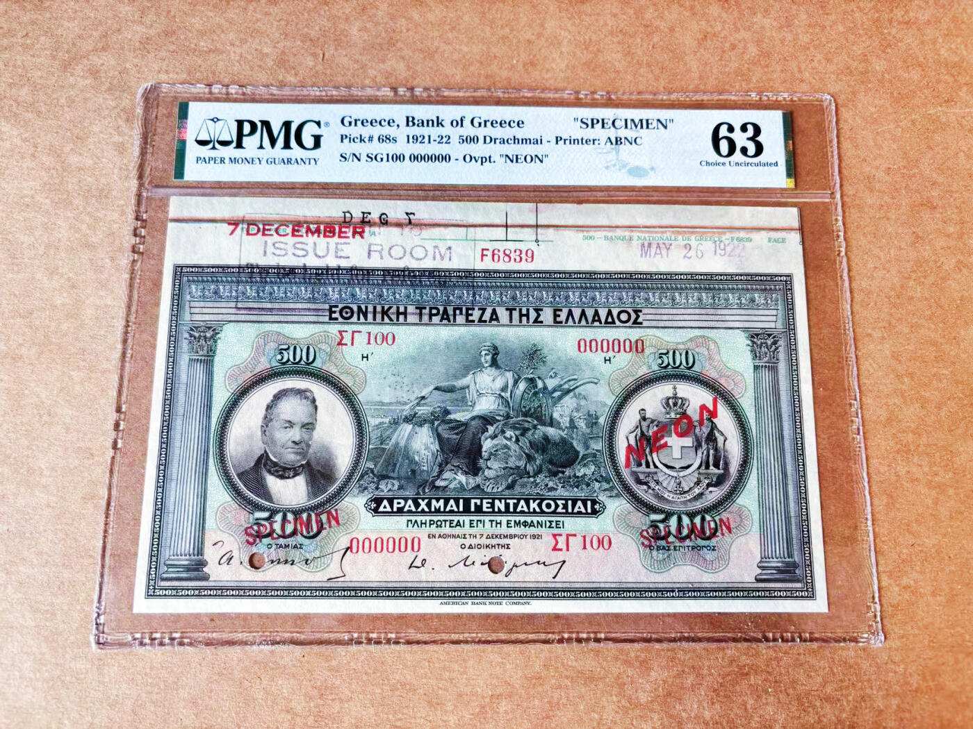 【Blue Auction】世界纸币精拍第767期——18级TOP拍卖/信誉/品质/专业/高效💫 【带边铭少见 沉淀品种】希腊 1921-22年500德拉科马 超大票幅 ABNC雕刻非常精美 美女与睡狮 雅典娜 海王 著名的波塞冬神庙 该票元素众多 配色柔和 令人垂涎 值得收藏 样钞带边铭使得票幅更大不易保存 PMG63 升值空间巨大