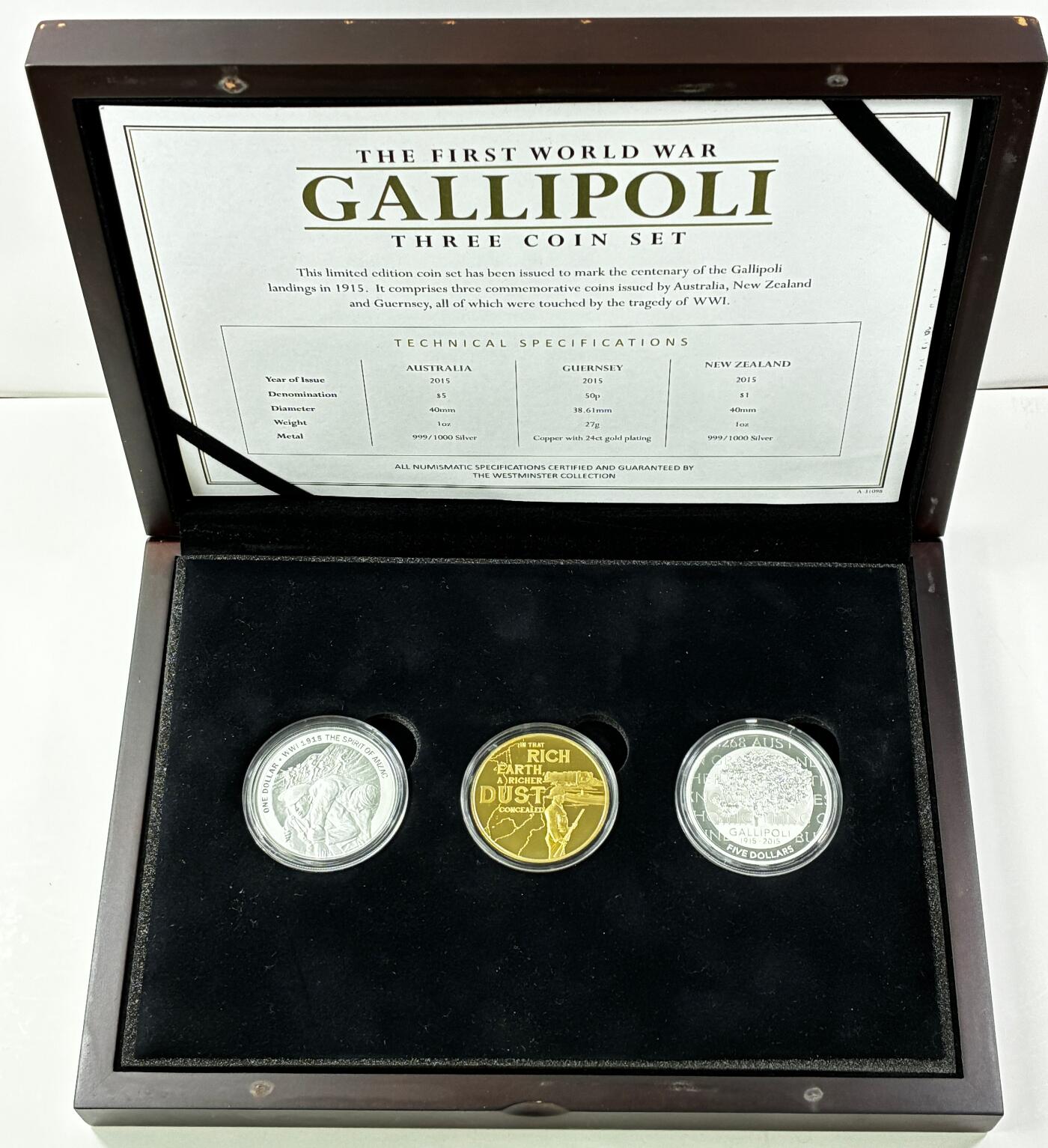 【雨安】【直播拍卖】【世界币章121期-裸币】2025-12-26 周五 19:30 保真 [现代装帧] World 2015年 加里波利战役纪念套 含澳大利亚1盎司2015年5元. 新西兰1盎司2015年1元, 根西2015年50便士镀金
