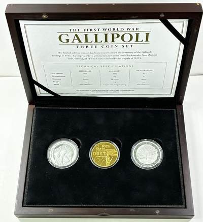 【雨安】【直播拍卖】【世界币章121期-裸币】2025-12-26 周五 19:30 保真 - [现代装帧] World 2015年 加里波利战役纪念套 含澳大利亚1盎司2015年5元. 新西兰1盎司2015年1元, 根西2015年50便士镀金