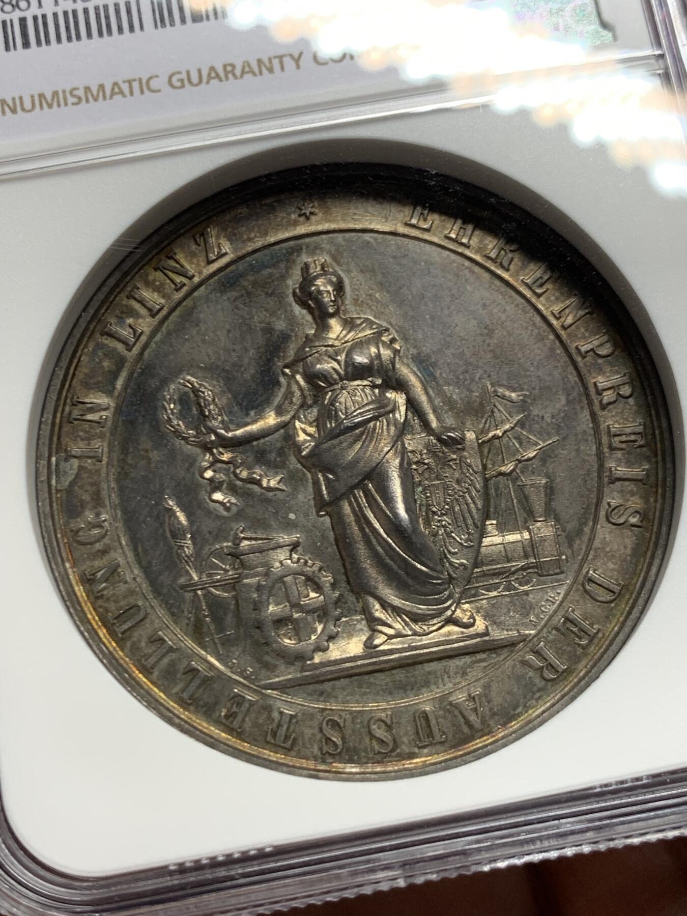 《竞宝斋》第451场 周日，周一，周二  3场连拍 （全场包邮，欢迎送拍） NGC MS61 奥地利林茨国家博览会银章 加厚盒