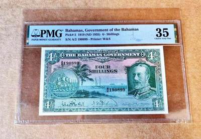 【Blue Auction】世界纸币精拍第767期——18级TOP拍卖/信誉/品质/专业/高效💫 -  【仅2张更高分 倒置号 p5】巴哈马 1919系列4先令 该套是巴哈马发行的唯一印有国王乔治五世肖像的纸币 由于该群岛的气候条件 这枚纸币在高级别上很少见 是任何巴哈马或英联邦收藏的必备品 尤其这张纸张新鲜原始状态非常好 背面独立小场景非常有意境 值得收藏 PMG35