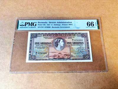 【Blue Auction】世界纸币精拍第767期——18级TOP拍卖/信誉/品质/专业/高效💫 - 【W/1冠】百慕大 1957年5先令 BWC出品 满版水印 年轻女王侧面像 PMG66EPQ