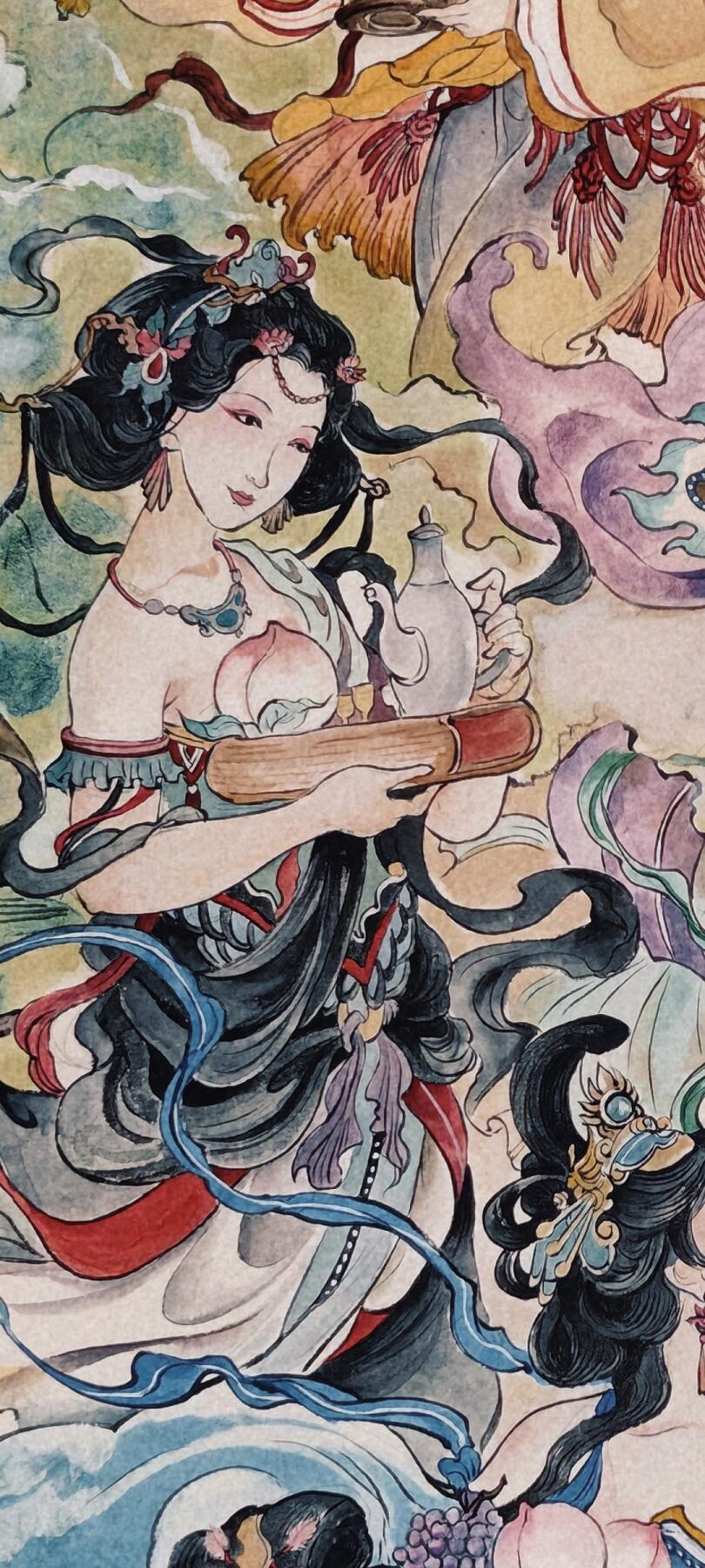 白泽拍卖卡牌手绘专场第30期（白金之夜 跨年大拍） 2025 鹿凝手绘画 蟠桃献瑞 已装裱 尺寸：内50cm*99cm 外61cm*121cm 鹿凝亲签