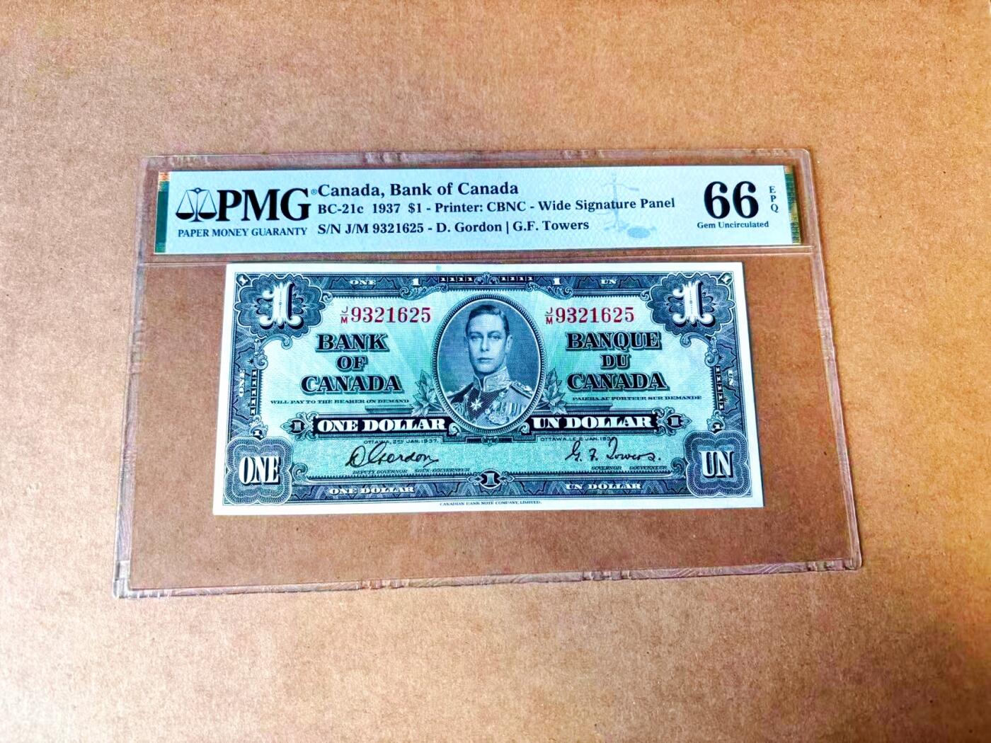 【Blue Auction】世界纸币精拍第767期——18级TOP拍卖/信誉/品质/专业/高效💫 【无47】加拿大 1937年1元 PMG66EPQ 高分 英王乔六 丰收女神