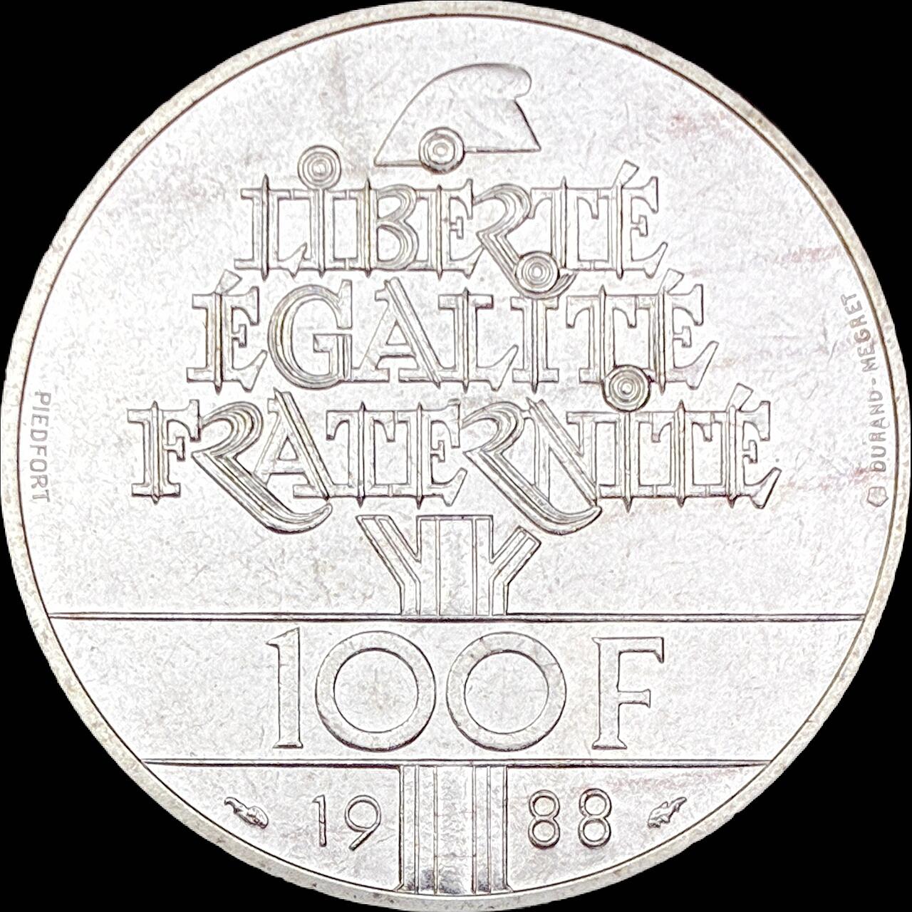【雨安】【直播拍卖】【世界币章121期-裸币】2025-12-26 周五 19:30 保真 [现代裸币] France 法国 100法郎 1988年 加厚样币 [30.00 g., 0.900 Silver]