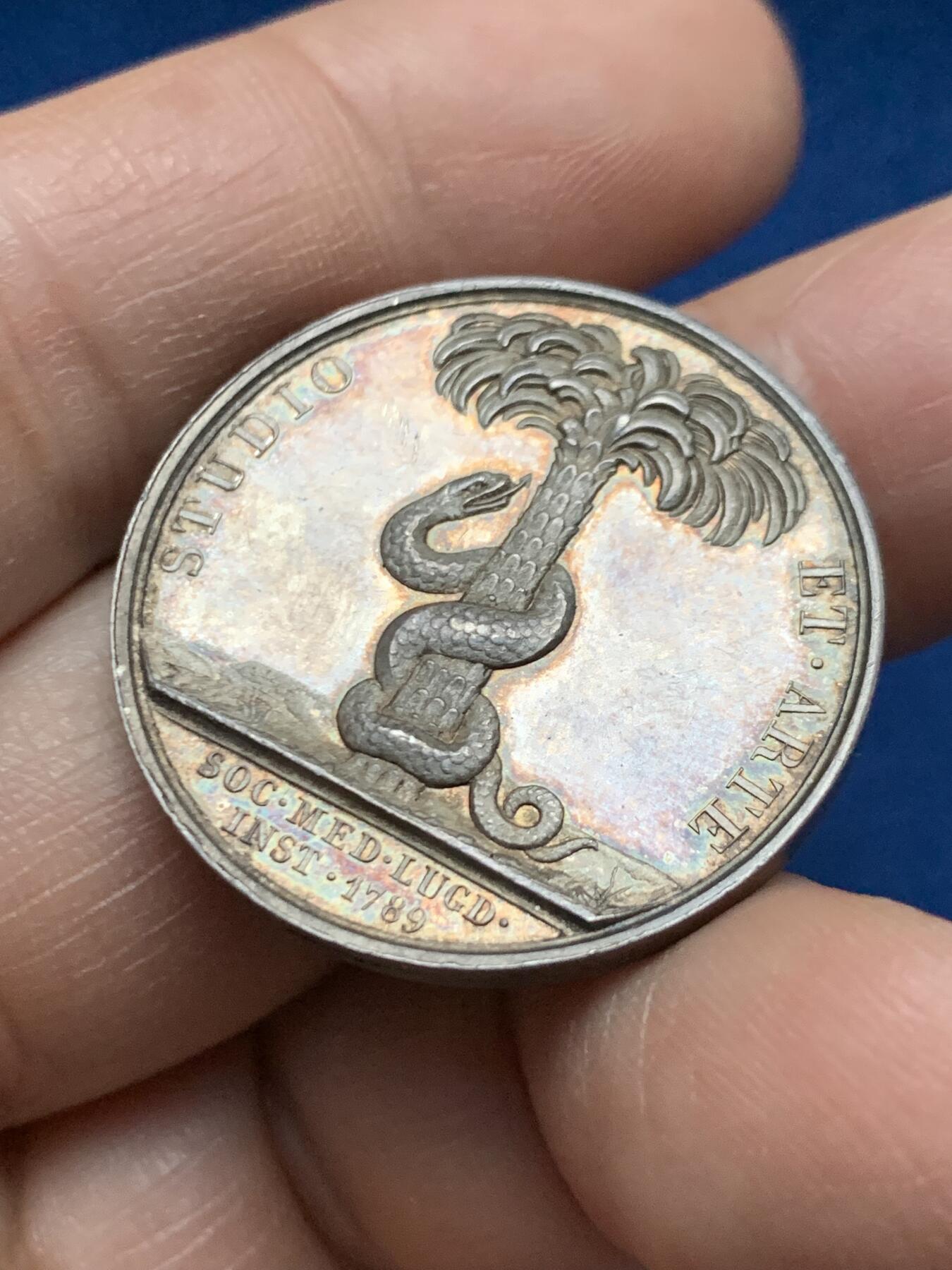 《竞宝斋》第451场 周日，周一，周二  3场连拍 （全场包邮，欢迎送拍） 法国里昂医学会银质代币，希波克拉底头像，状态犀利，12g，30mm，蜜蜂边铭