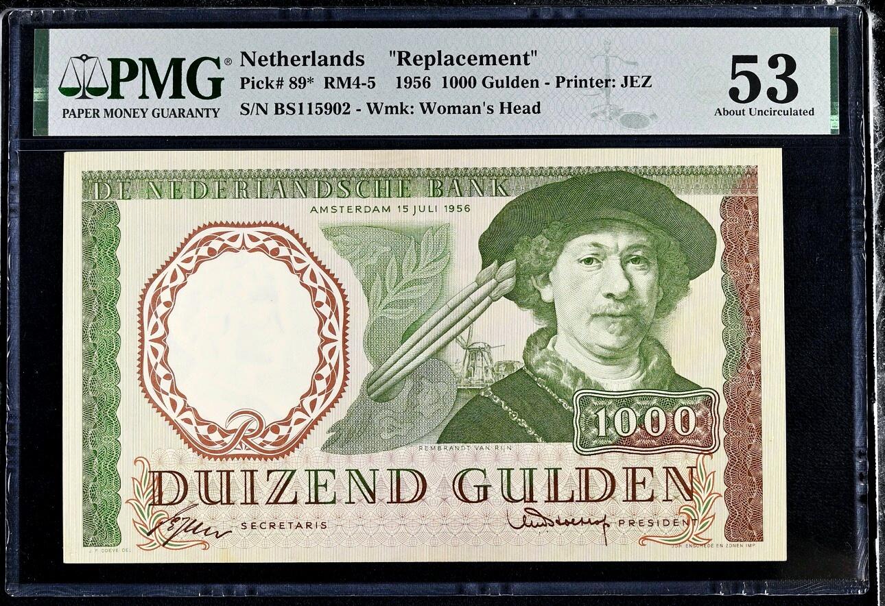 【Blue Auction】世界纸币精拍第767期——18级TOP拍卖/信誉/品质/专业/高效💫  【仅3张更高分 补号少见 无47 名家旧藏 无全新记录】荷兰 1956年1000盾 经典伦勃朗 人像及设计均是西欧顶级水准 PMG53 西欧进阶藏家值得收藏