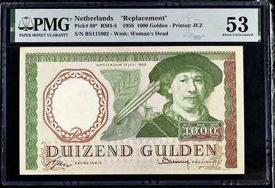 【Blue Auction】世界纸币精拍第767期——18级TOP拍卖/信誉/品质/专业/高效💫 -  【仅3张更高分 补号少见 无47 名家旧藏 无全新记录】荷兰 1956年1000盾 经典伦勃朗 人像及设计均是西欧顶级水准 PMG53 西欧进阶藏家值得收藏