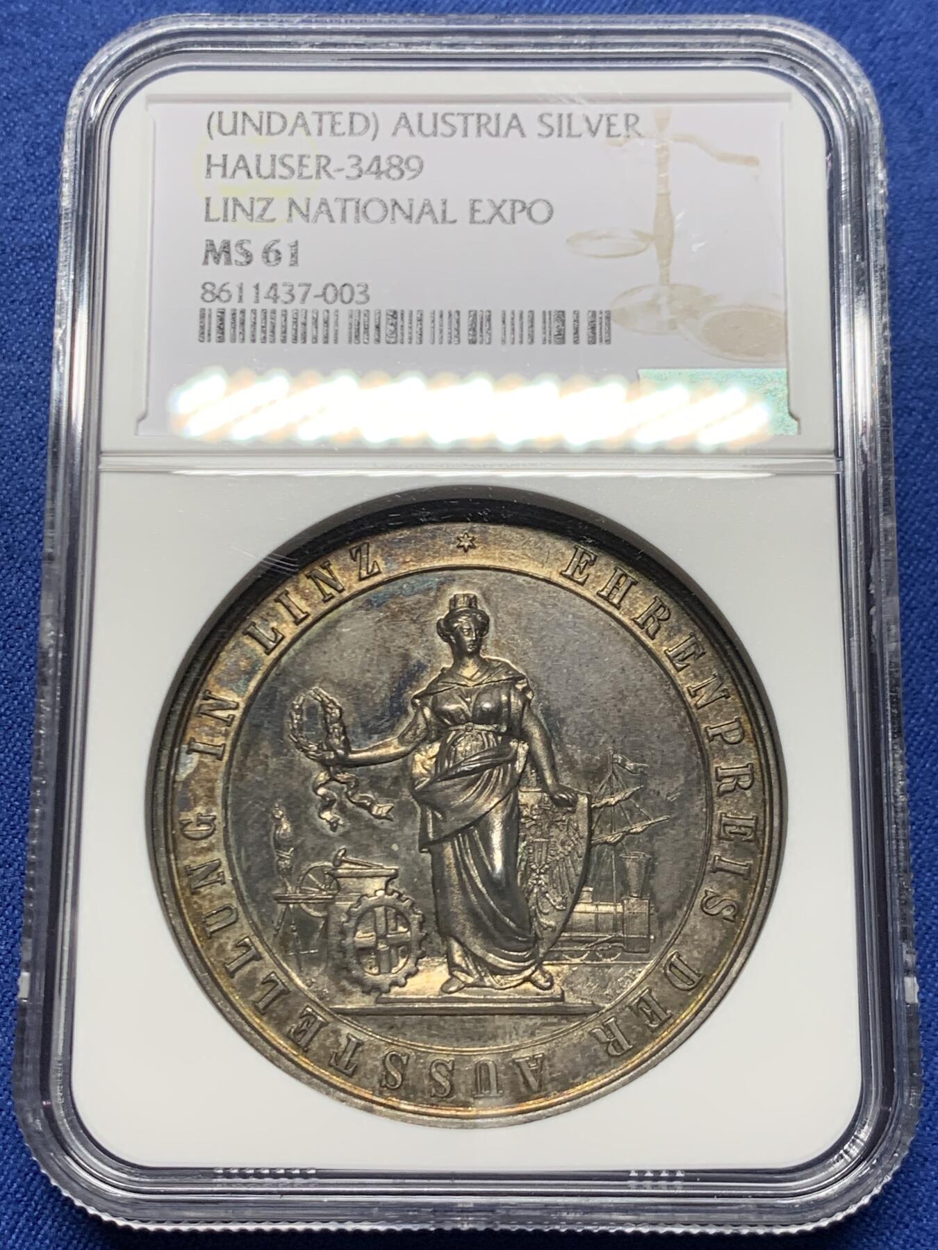 《竞宝斋》第451场 周日，周一，周二  3场连拍 （全场包邮，欢迎送拍） NGC MS61 奥地利林茨国家博览会银章 加厚盒