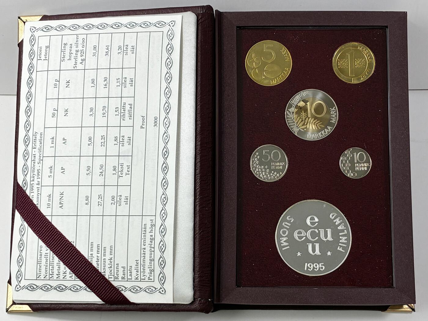 【雨安】【直播拍卖】【世界币章121期-裸币】2025-12-26 周五 19:30 保真 [现代套币] Finland 芬兰 套币 精制套币 1995年 含银章31克,925银