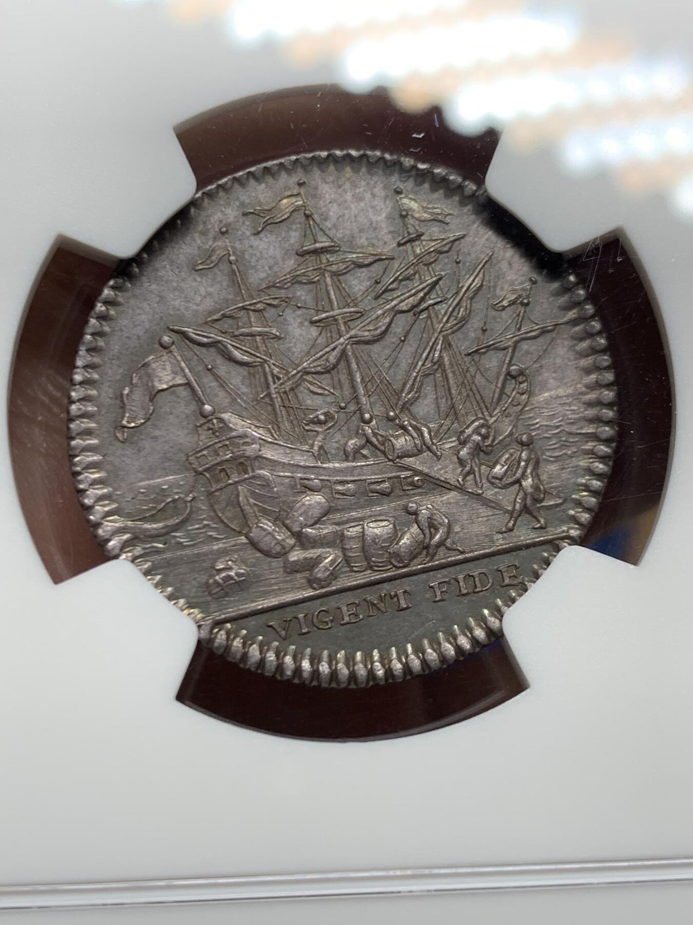 《竞宝斋》第451场 周日，周一，周二  3场连拍 （全场包邮，欢迎送拍） NGC MS62 法国路易十五头像巴约讷商会银质代币