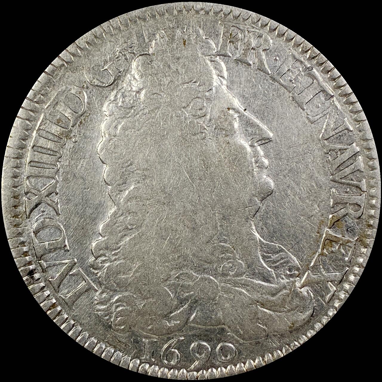 【雨安】【直播拍卖】【世界币章121期-裸币】2025-12-26 周五 19:30 保真 [裸币法国] France 法国 1埃居 KM#0275 DAV-3811 (1690-1693) 路易十四 皇冠十字 中心字母 1690年