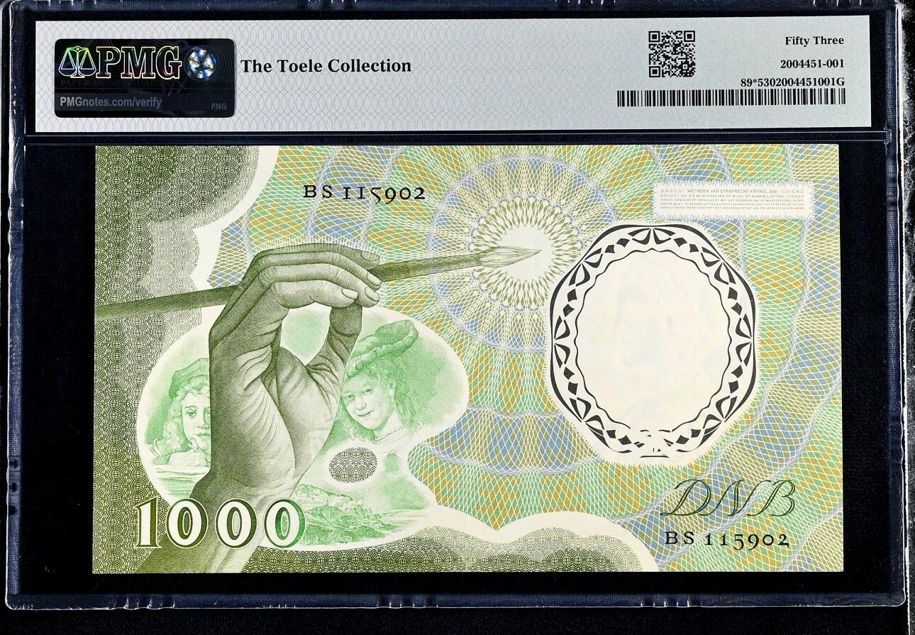 【Blue Auction】世界纸币精拍第767期——18级TOP拍卖/信誉/品质/专业/高效💫  【仅3张更高分 补号少见 无47 名家旧藏 无全新记录】荷兰 1956年1000盾 经典伦勃朗 人像及设计均是西欧顶级水准 PMG53 西欧进阶藏家值得收藏