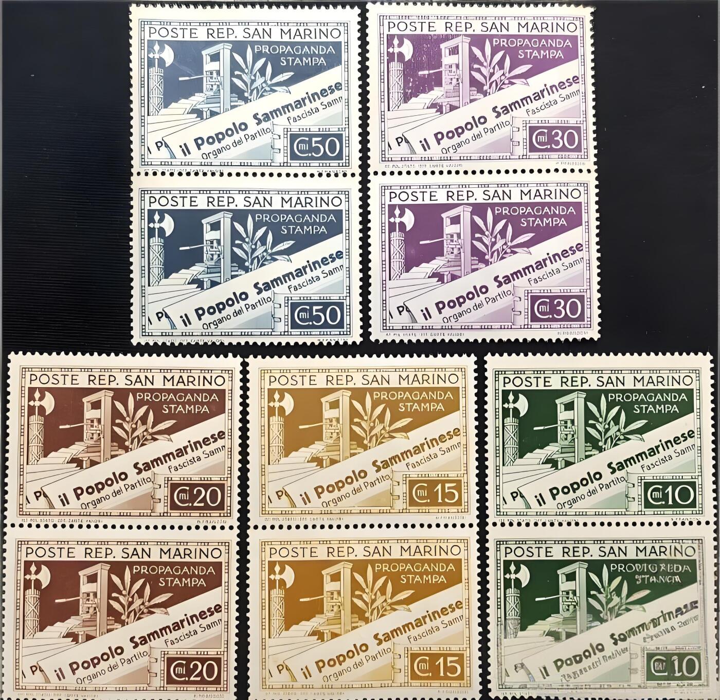 二战时期圣马力诺官方发行的《圣马力诺的权杖和民意喉舌》双连票五组10枚