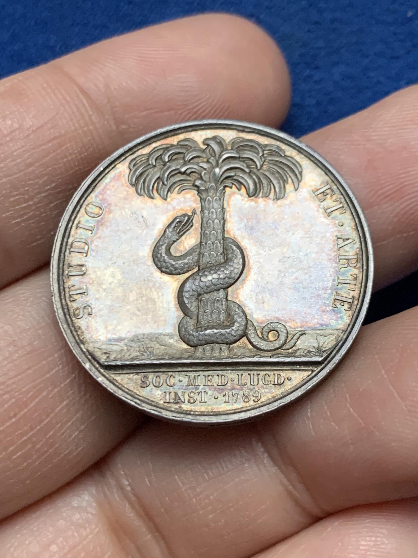 《竞宝斋》第451场 周日，周一，周二  3场连拍 （全场包邮，欢迎送拍） 法国里昂医学会银质代币，希波克拉底头像，状态犀利，12g，30mm，蜜蜂边铭