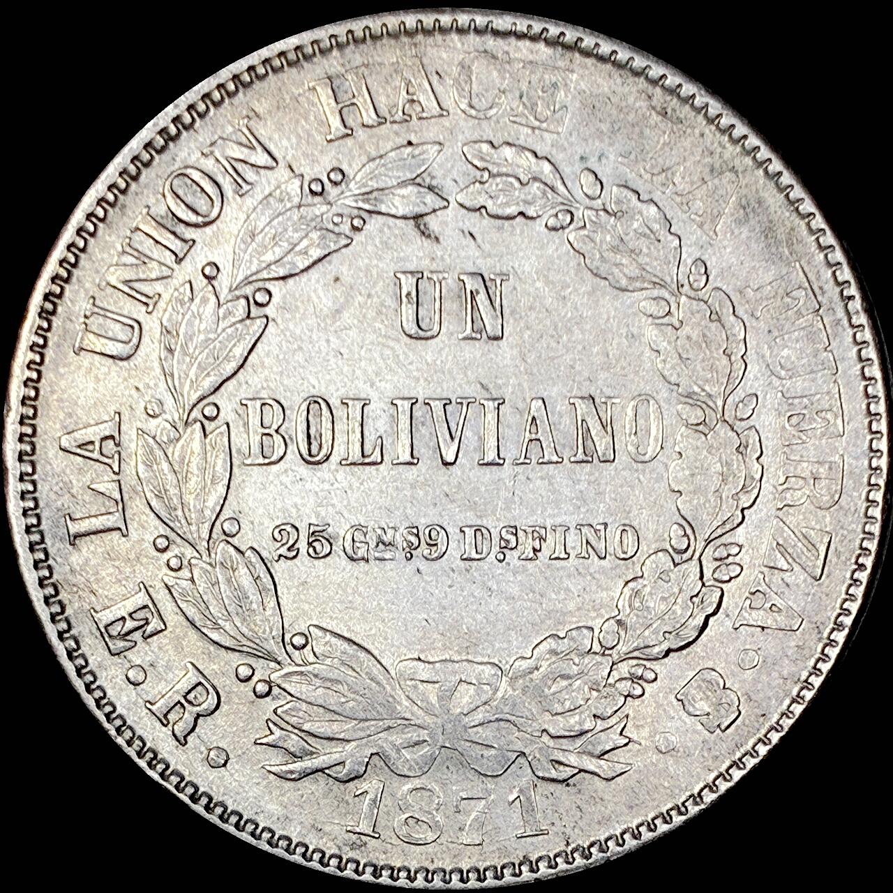 【雨安】【直播拍卖】【世界币章121期-裸币】2025-12-26 周五 19:30 保真 [裸币各国] Bolivia 玻利维亚 1玻利维亚诺 1871年 11星