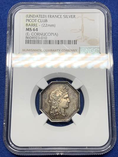 《竞宝斋》第451场 周日，周一，周二  3场连拍 （全场包邮，欢迎送拍） - NGC MS64 法国Barre 赌场游戏八角银质JETON，皮科特俱乐部