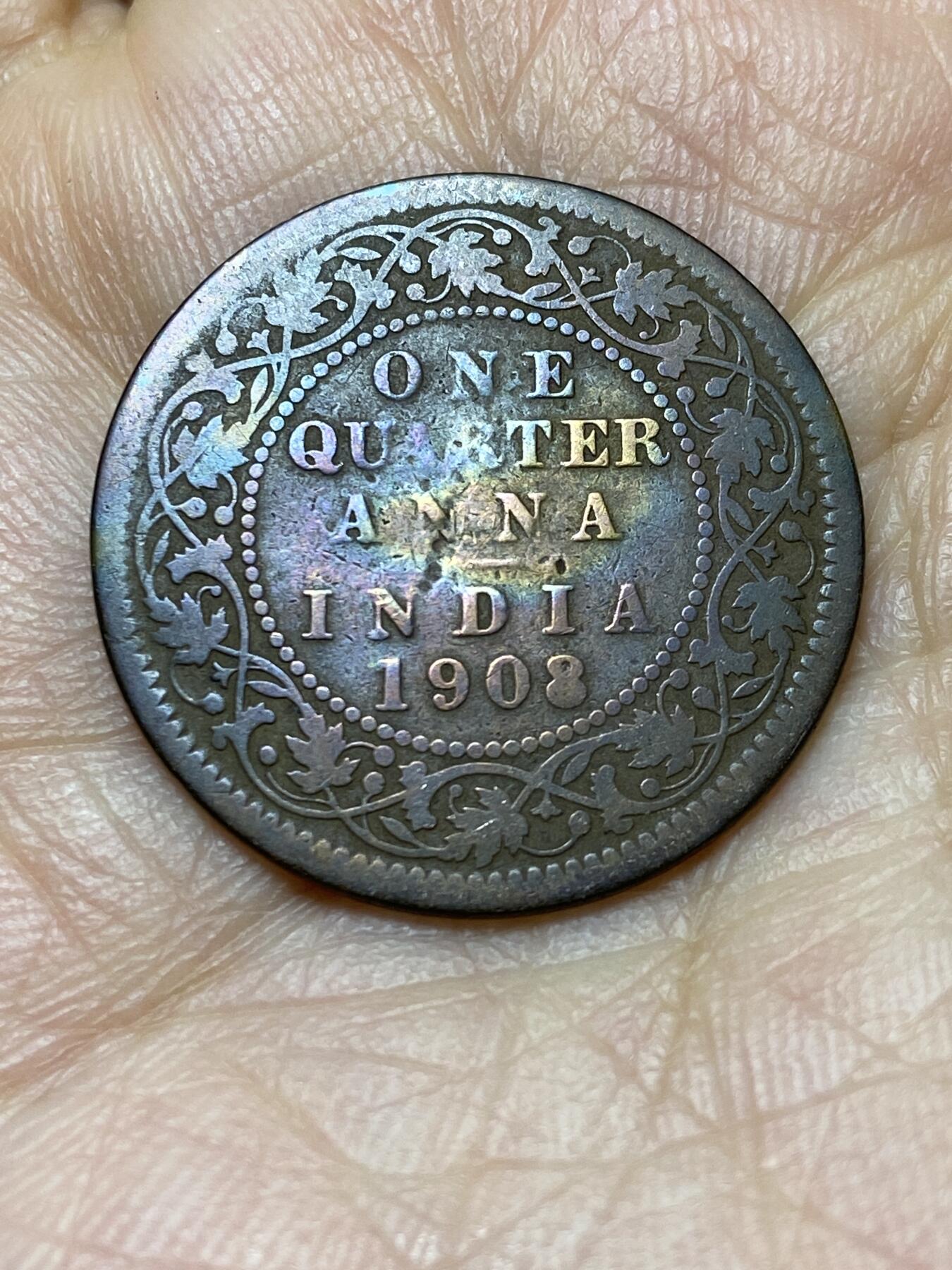 2025年第一百四十四场(总第一百七十场）品种丰富英国一线回流散币年末特拍场第一场(免佣金) 英属印度1908年四分之一安娜(爱德华七世时期)