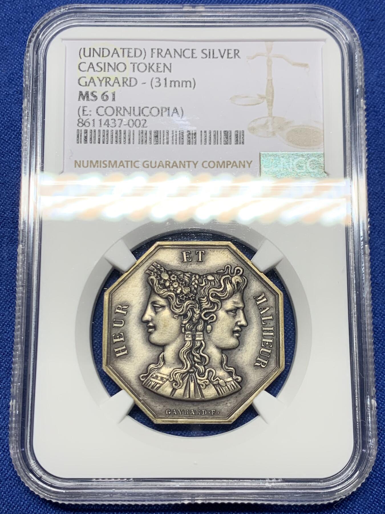 《竞宝斋》第451场 周日，周一，周二  3场连拍 （全场包邮，欢迎送拍） NGC MS61 法国双面神雅努斯八角银质代币，暴风雨中的海女