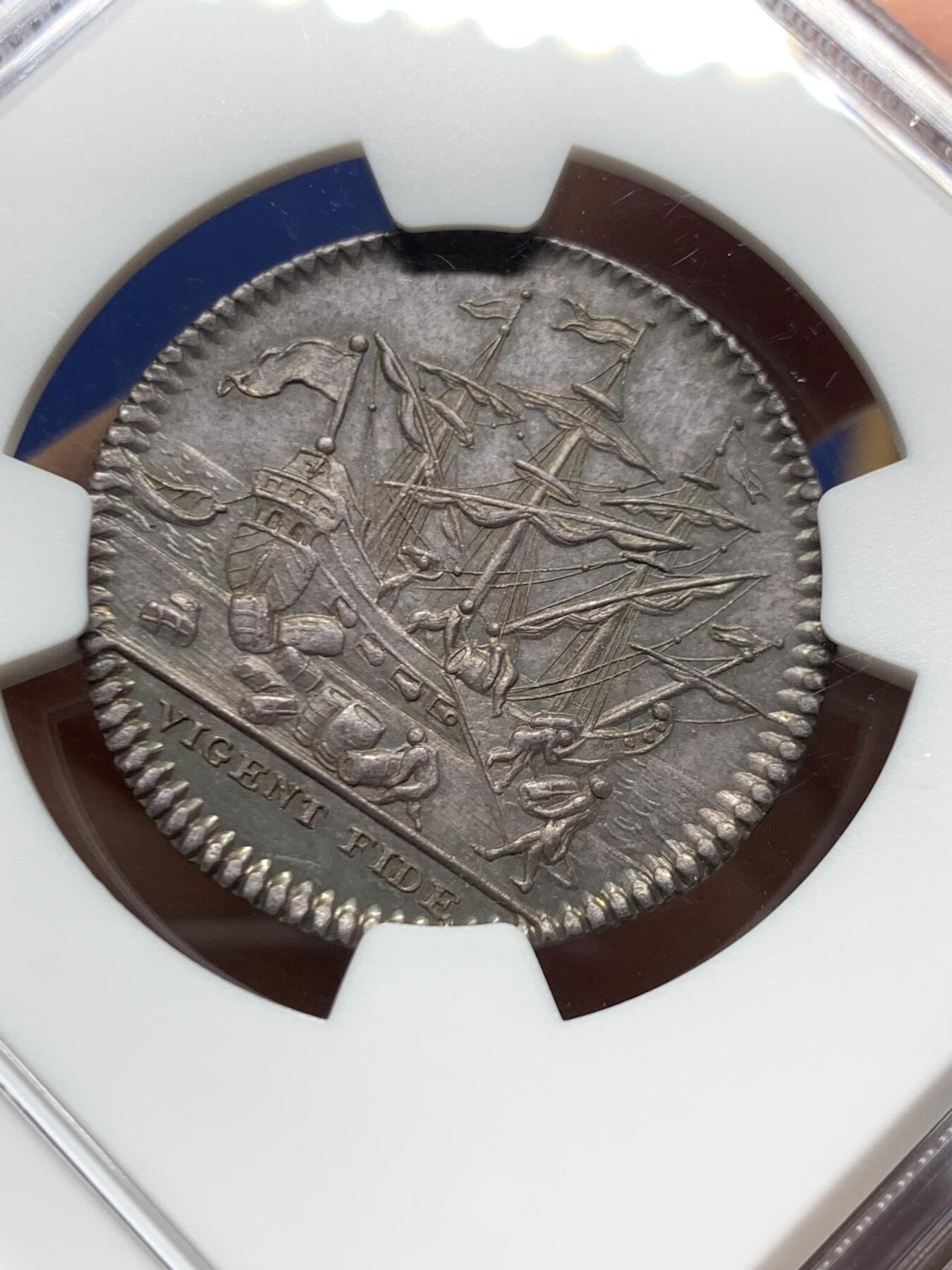 《竞宝斋》第451场 周日，周一，周二  3场连拍 （全场包邮，欢迎送拍） NGC MS62 法国路易十五头像巴约讷商会银质代币