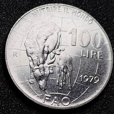 泉币菌-第154场-圣诞节专场 - 美少女 意大利1979年100里拉FAO联合国粮食农业组织纪念币28mm 牛