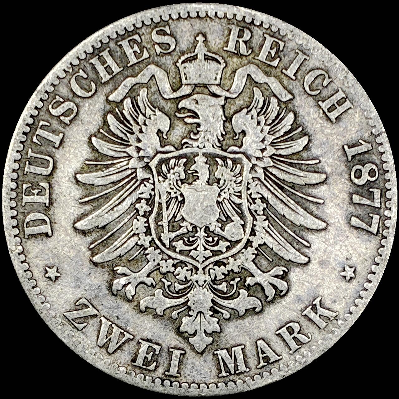 【雨安】【直播拍卖】【世界币章121期-裸币】2025-12-26 周五 19:30 保真 [裸币德国] Germany 德国 帝国 普鲁士 2马克 (1876-1884) 威廉一世 1877年