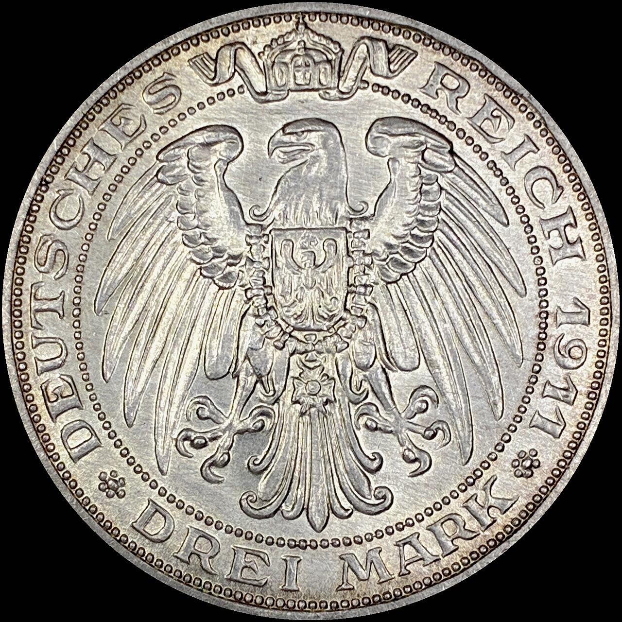 【雨安】【直播拍卖】【世界币章121期-裸币】2025-12-26 周五 19:30 保真 [裸币德国] Germany 德国 帝国 J.108 普鲁士 3马克 (1911) 大学 1911年