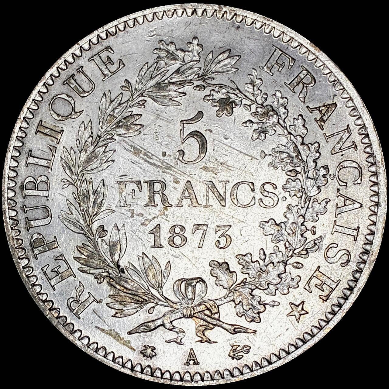 【雨安】【直播拍卖】【世界币章121期-裸币】2025-12-26 周五 19:30 保真 [裸币法国] France 法国 5法郎 KM#0820 (1870-1889) 大力神 1873年